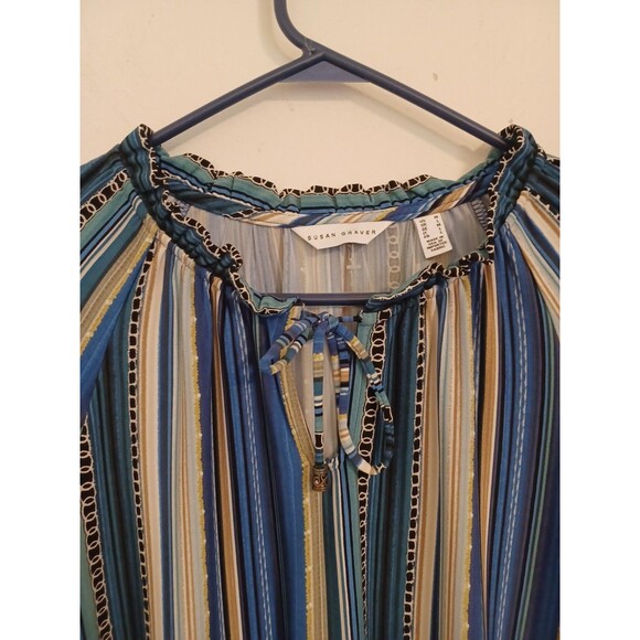 Susan Graver Pullover Knit Tunic Top M Blue Striped Longsleeve Casual Lagenlook - Picture 3 of 9